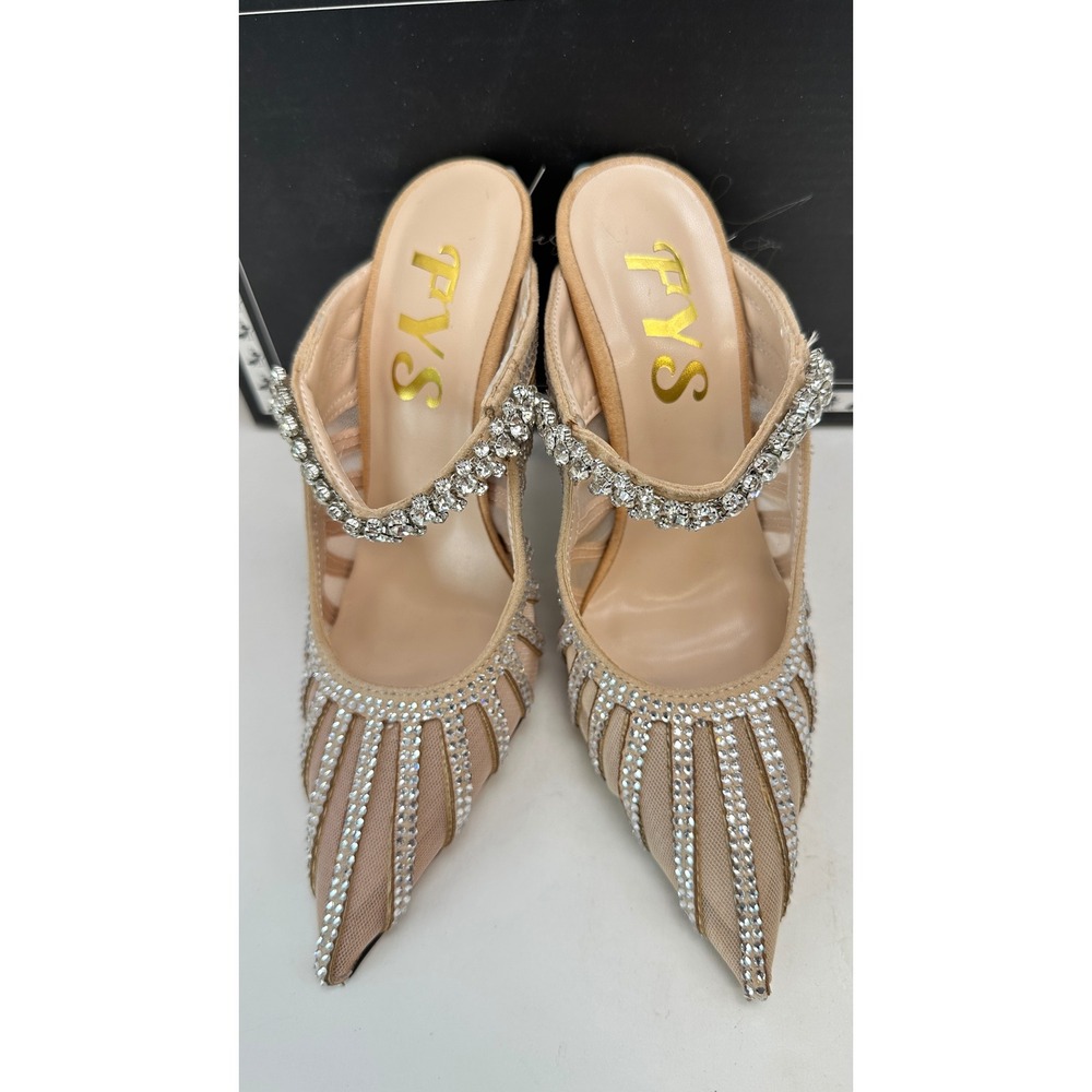 FYS Shoes Women Beige Mesh Rhinestone Mules Pointed Toe Stiletto Heel Size 6